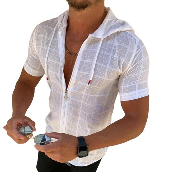 Jixiangzhizhi Heren T-shirt met capuchon, korte mouwen, geruit T-shirt met rits, casual dun zomertopje voor sport, vrije tijd, buiten, strand M