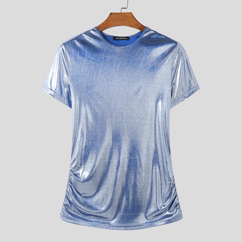 INCERUN Zomer Heren O-hals Glitter Korte Mouw Casual Onregelmatige T-shirts Tops 4XL blauw