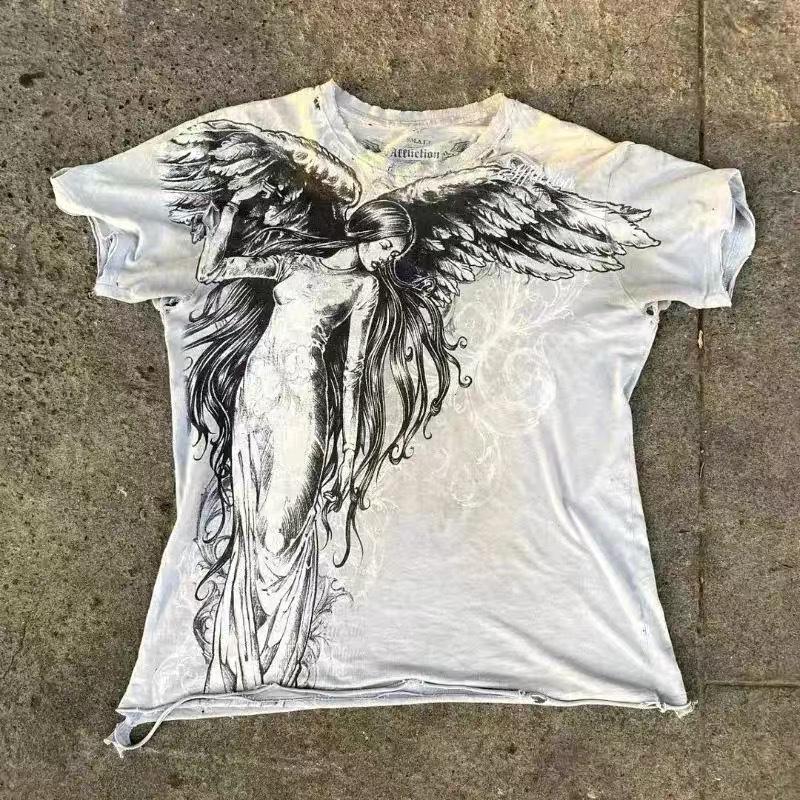 MIFENG Men T-shirts Affliction Retro Women T-shirt Style Streetwear Tee Gothic Skull Cross Print Trendy Graphic Kid T-shirts L