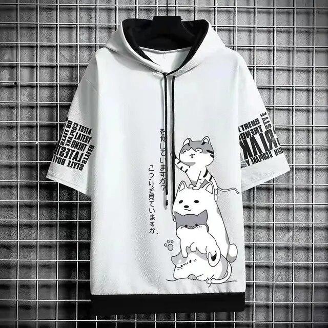 QGOOD Japanse mode heren hoodies zomer herenkleding cartoon casual harajuku streetwear print hooded korte mouwen sweatshirts heren S