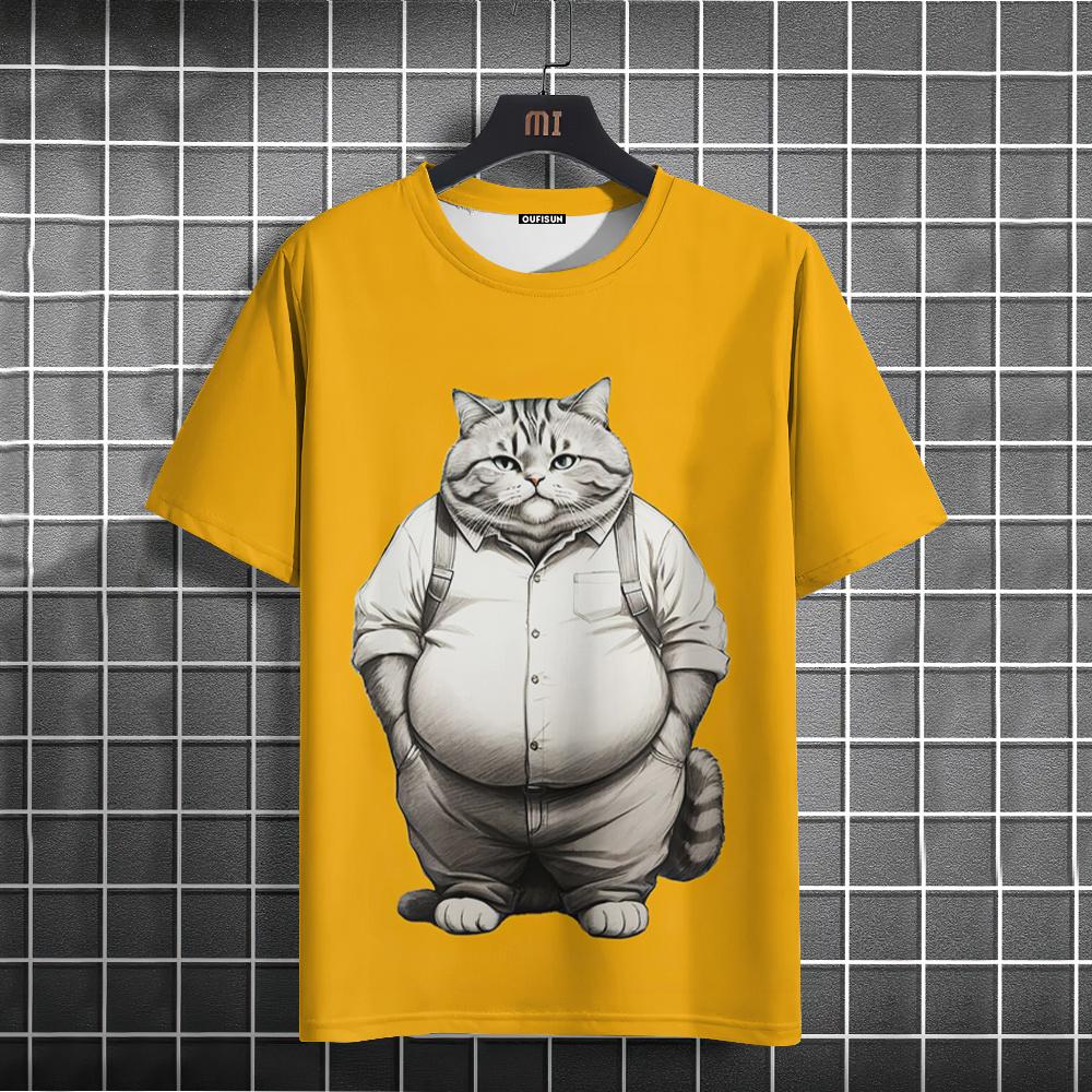 Etst 003 Heren T-shirt Animal Fat Cat Print T-shirt 5XL