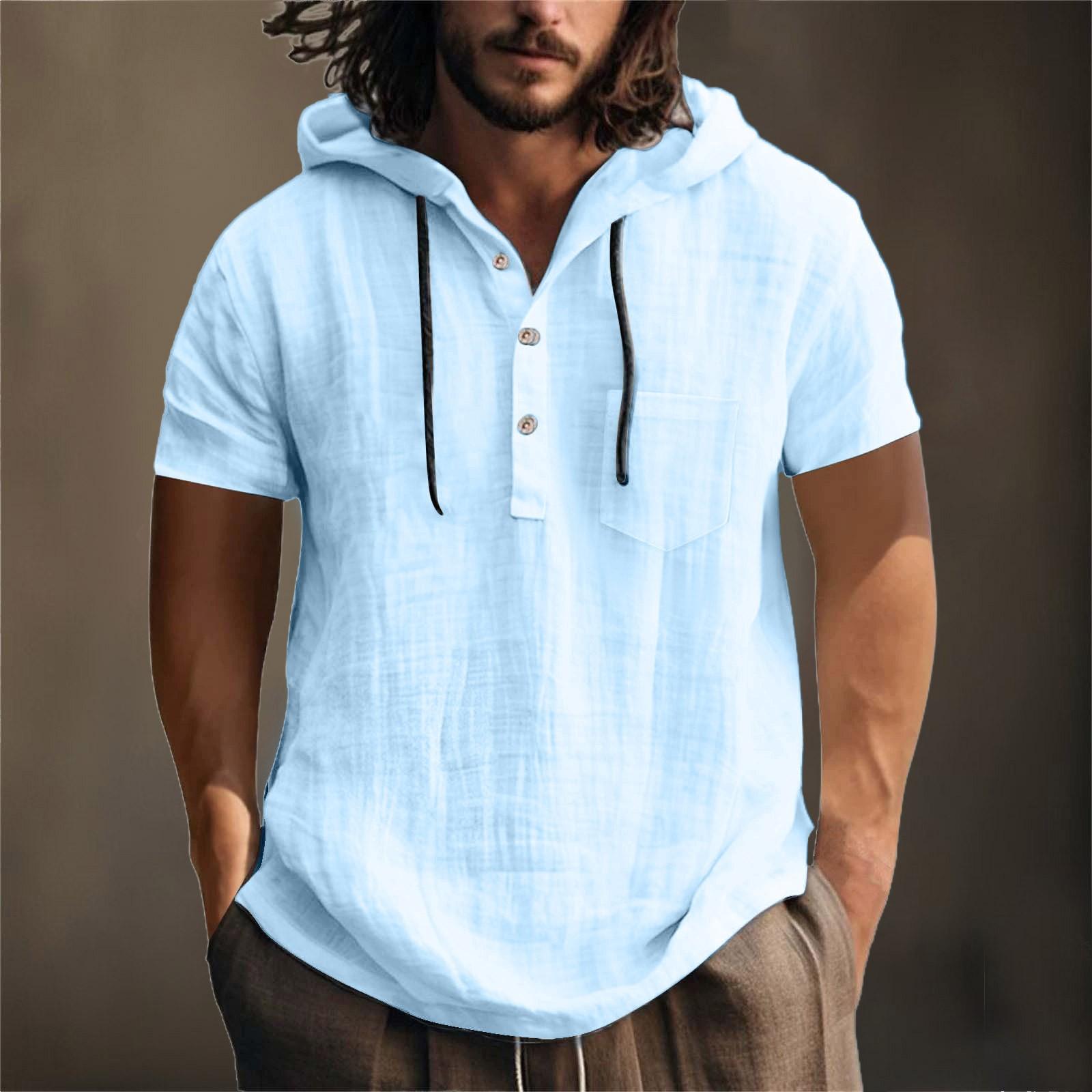 Winnerer Neptune Heren hoodie met korte mouwen, zomers katoen, hennep, katoen, dun, casual, effen kleur, los L