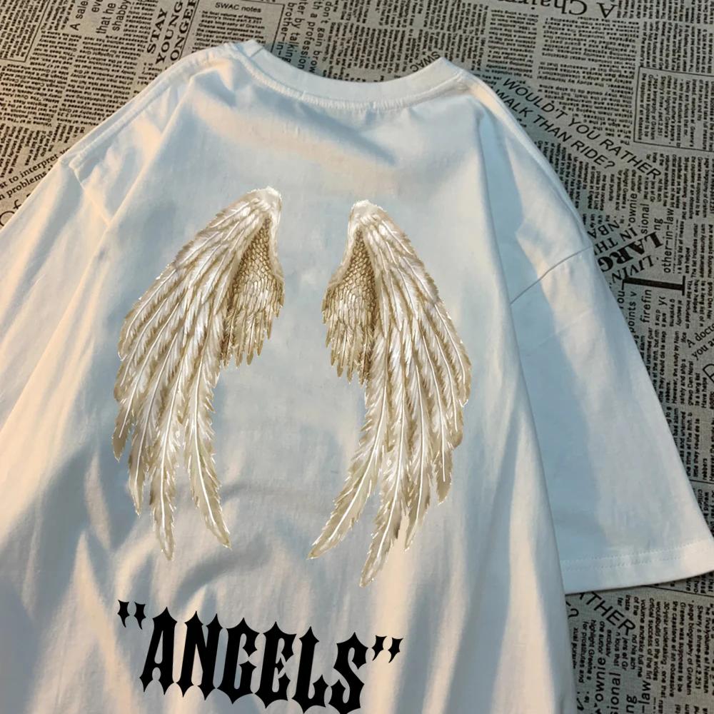 The best product for you Angel A Pair Of Huge Wings Black Pattern Mens T Shirts Hip Hop Summer Tee Clothing Fashion Cartoons Tops Cotton Couple T-Shirts L hemelsblauwe kleur