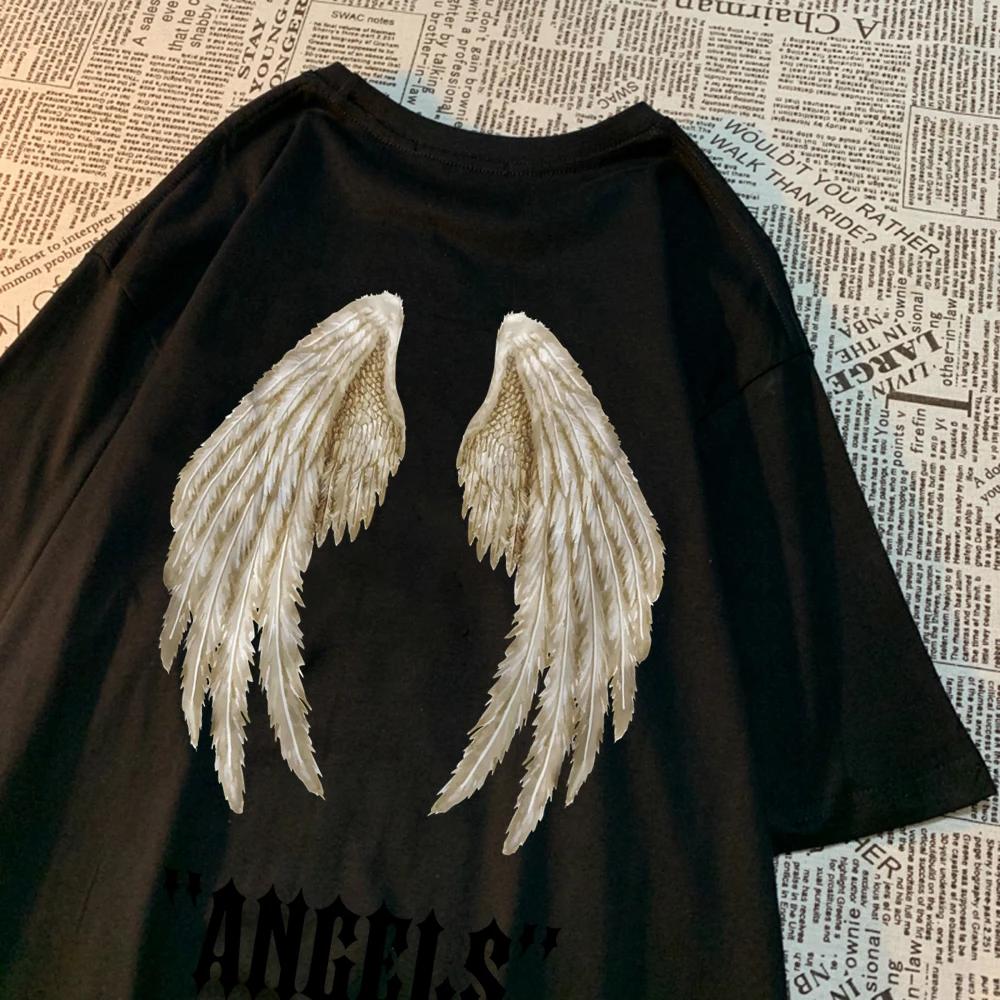 The best product for you Angel A Pair Of Huge Wings Black Pattern Mens T Shirts Hip Hop Summer Tee Clothing Fashion Cartoons Tops Cotton Couple T-Shirts XXL