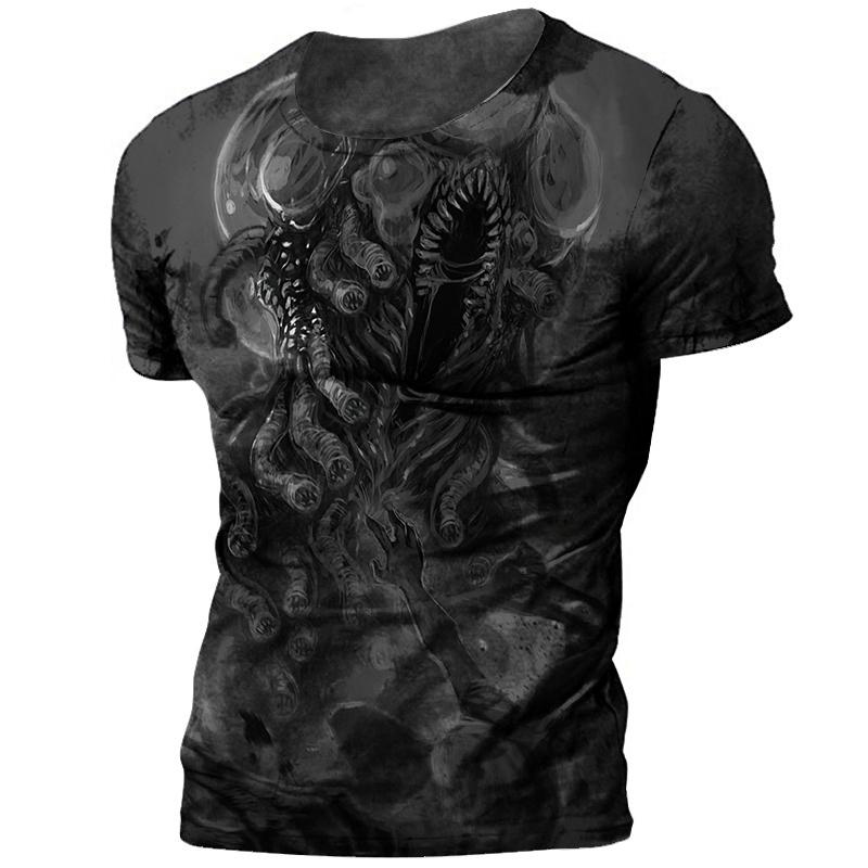 ETST 07 Chic Heren T-shirt Cthulhu Myth 3D Printing Terror Monster Oversized O-hals Top Zomer Mode Informeel Dagelijks Ademend Doek 6XL