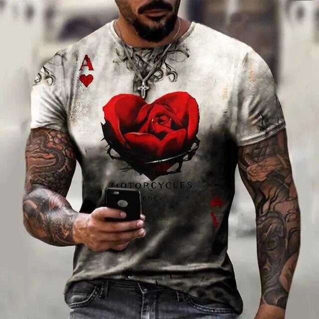 Baibao QIQI Zomer Heren T-shirt 3D Rode Roos Afdrukken Korte Mouwen Oversized Persoonlijkheid Mode Stiksels Patroon T-shirt Voor Man L