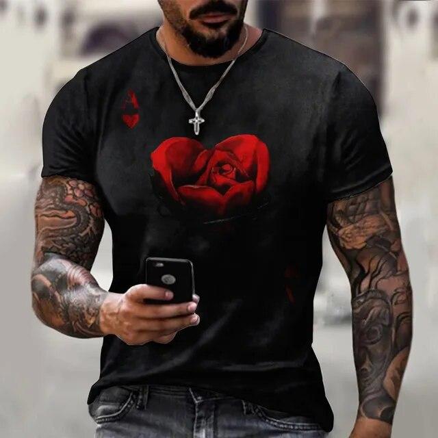Baibao QIQI Zomer Heren T-shirt 3D Rode Roos Afdrukken Korte Mouwen Oversized Persoonlijkheid Mode Stiksels Patroon T-shirt Voor Man M