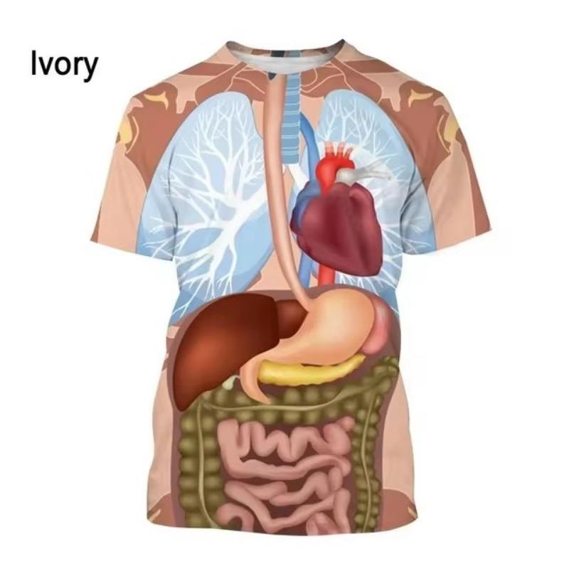 Forever Men Mode Nieuwe bedrukking Menselijke organen en botten Heren T-shirt Casual Korte mouwen Ronde hals Harajuku Groot Comfortabel XL