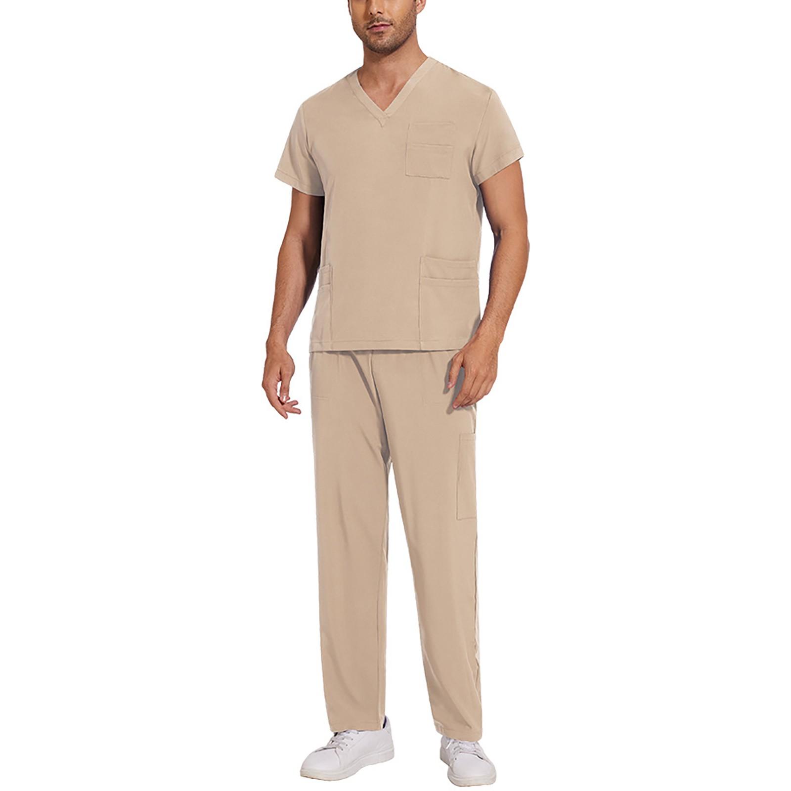 Amydeal Soild Scrub Working Uniform Suit For Men's Cross V-Neck Short Sleeve Fun T-Shirts Workwear Tee With Pockets XL beige