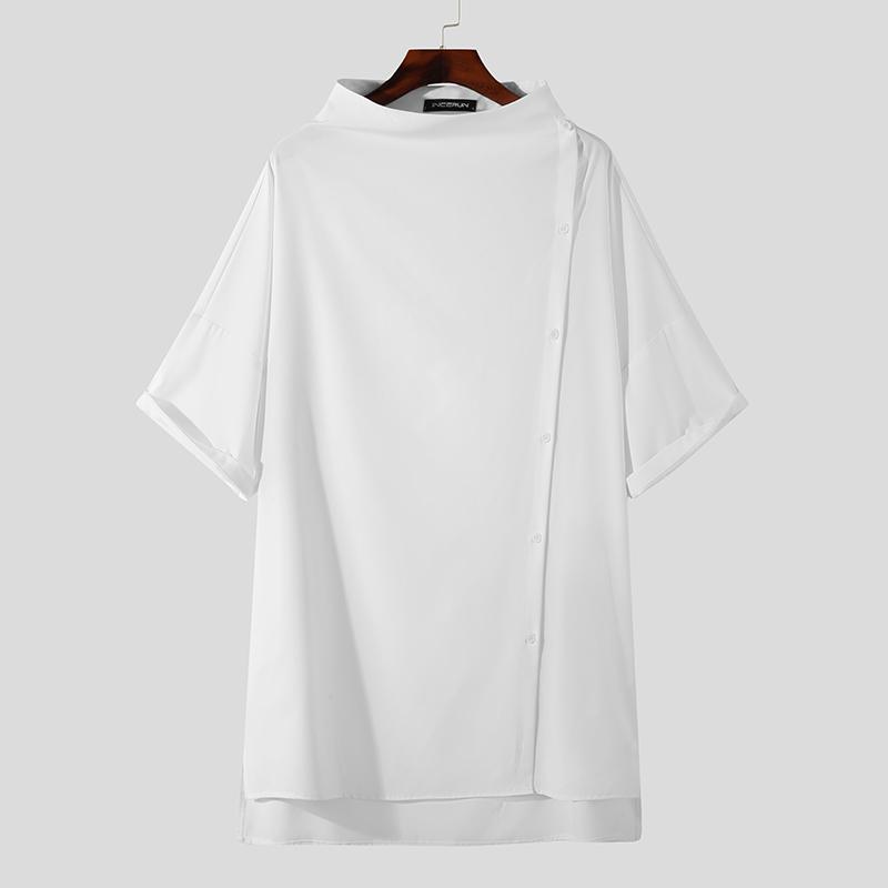 INCERUN Lente heren losse korte mouw splits onregelmatige hoge hals hiphop lange tops XL