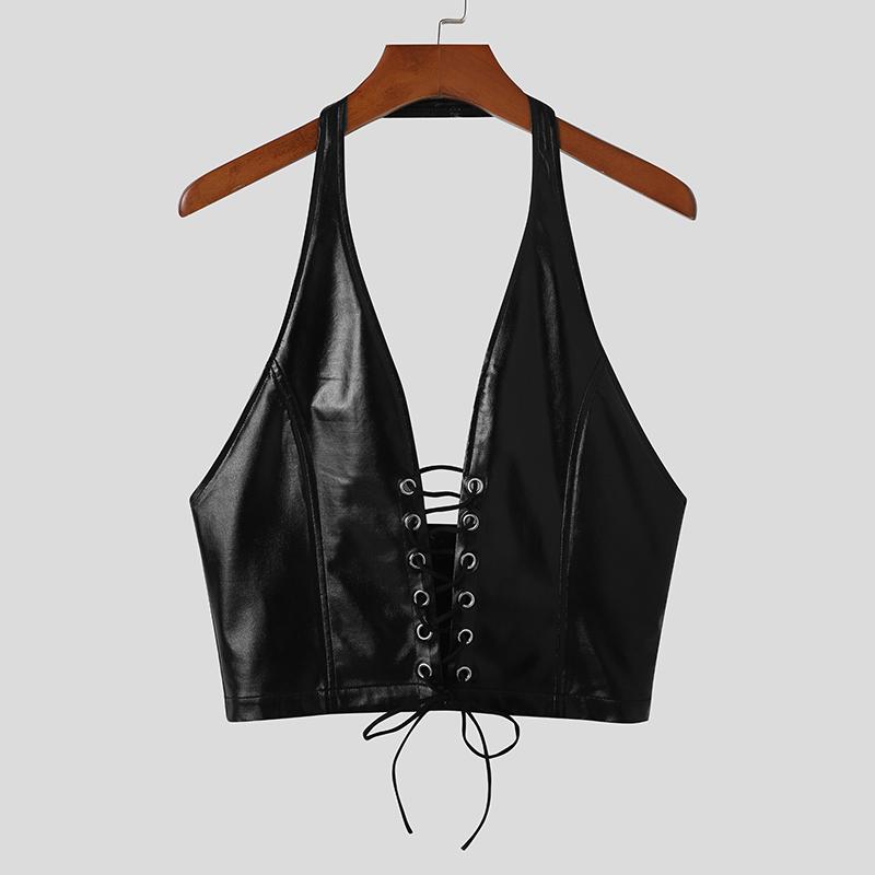 INCERUN Heren Zomer Sexy Wear Tank Tops Mouwloos Fashion Design Lederen Shirts Clubwear Slanke Blouse S-5XL XL zwart