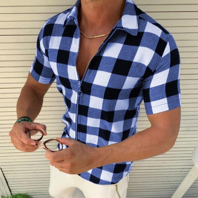 Bestnify apparel Geruit bedrukt overhemd Zomermode Heren T-shirt met korte mouwen en capuchon en ritssluiting uit één stuk M