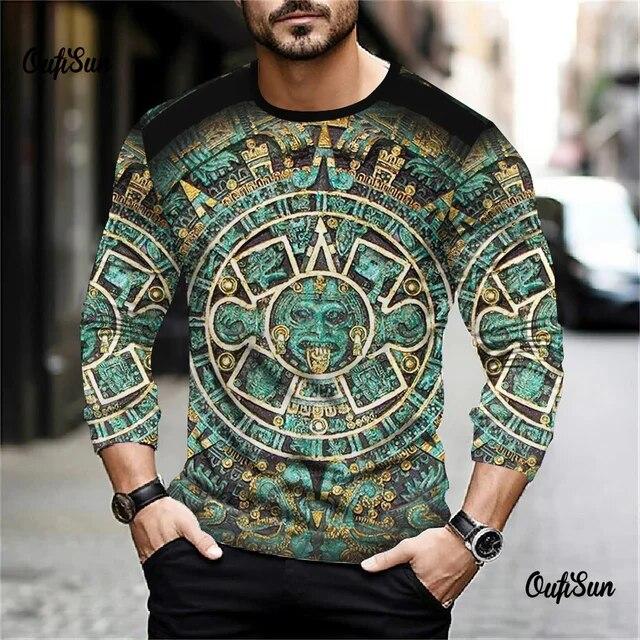 ETST 03 2024 Mexico Aztec T-shirts Voor Heren 3d Gedrukt Lange Mouw Tops Día De Muertos Straat Hip Hop Oversized Tees shirt Mannelijke Kleding 2XL