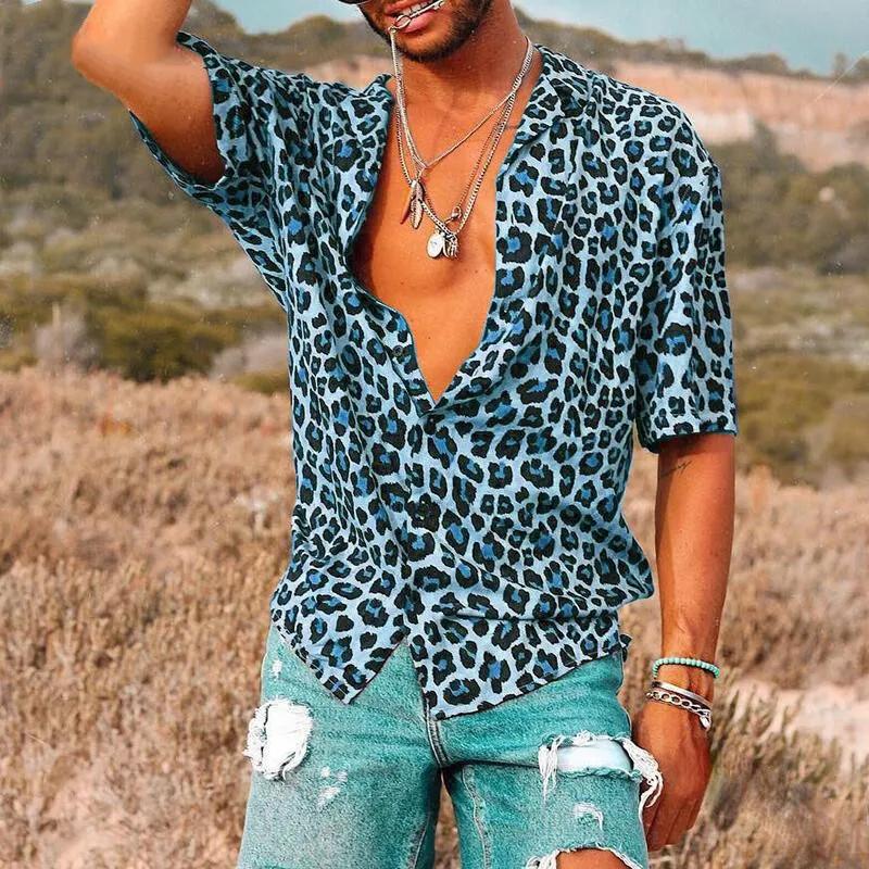 Camping Out Zomer Heren Luipaardprint Korte Mouw Overhemd Casual en Comfortabel Revers T-shirt Mode Straat Trend Bedrukt Overhemd S-5XL L
