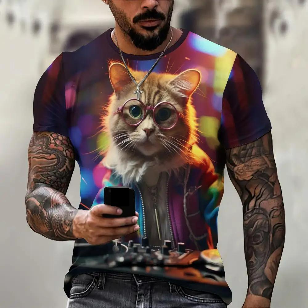 Transmission of love Casual heren T-shirt Stray Cat patroon bedrukt T-shirt Losse korte mouwen T-shirt Oversized herenkleding Tops Streetwear Zomer XL