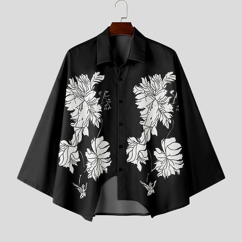 INCERUN Oversized Heren Revers Hals Lange Mouw Bloemenprint Tops Casual Knopen Onregelmatige Overhemden XL