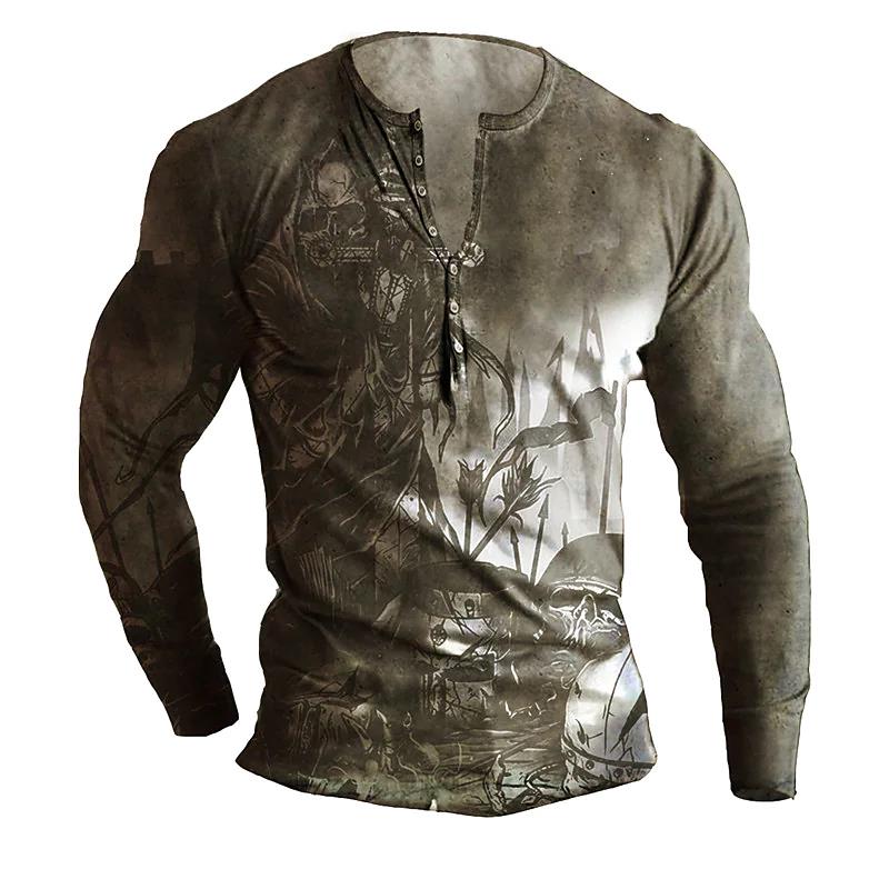 TIP723 Vintage V-hals Heren T-shirts Met Lange Mouwen 3d Print Navigatie Henley Shirt Hip Hop Trui Oversized T-shirt Mannen streetwear XL