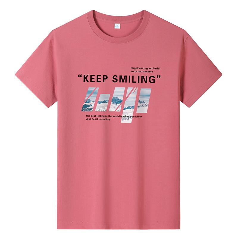 Bistrota Keep Smiling Mens Fashion Short-sleeved T-shirt Pure Cotton Casual Tee M-6XL XXXL rozerode kleur
