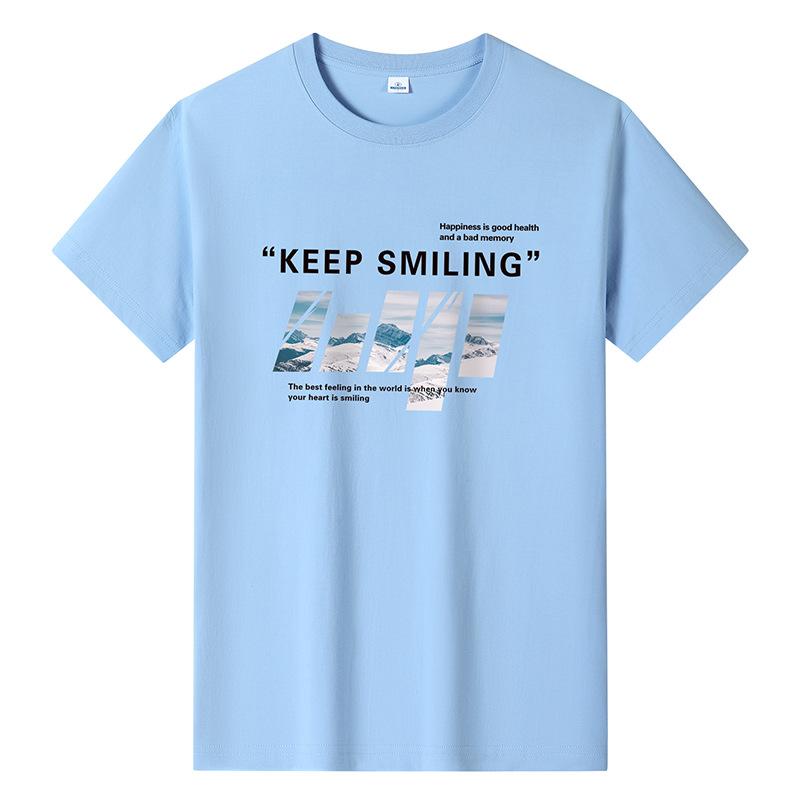 Bistrota Keep Smiling Mens Fashion Short-sleeved T-shirt Pure Cotton Casual Tee M-6XL L lichtblauwe kleur