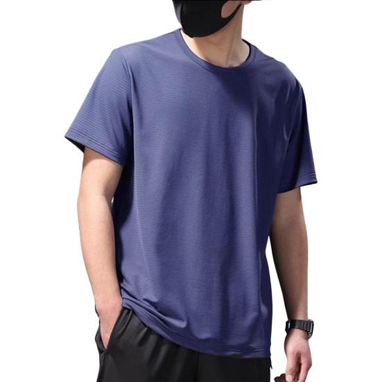 Songmeijuan Heren zomer T-shirt effen kleur ijszijde dun gaas sneldrogend middenlengte O-hals korte mouwen zacht ademend trui sporttop 2XL marineblauwe kleur