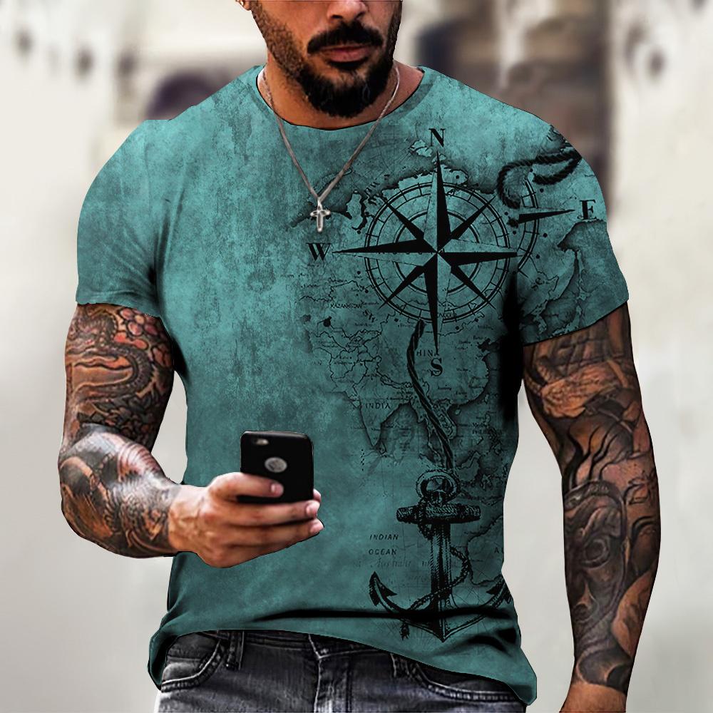 ETST 03 Vintage Heren Korte Mouw Kompas Print T-shirt Nautische Tops Zomer O-hals Sweatshirt Tees Designer Dagelijkse Herenkleding L