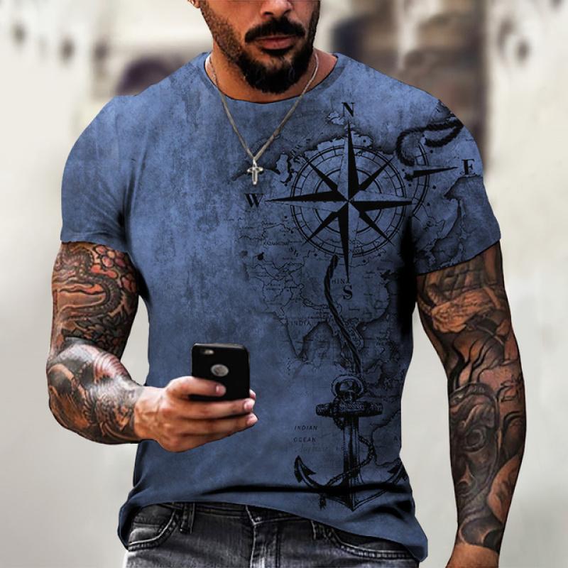 ETST 03 Vintage Heren Korte Mouw Kompas Print T-shirt Nautische Tops Zomer O-hals Sweatshirt Tees Designer Dagelijkse Herenkleding 6XL