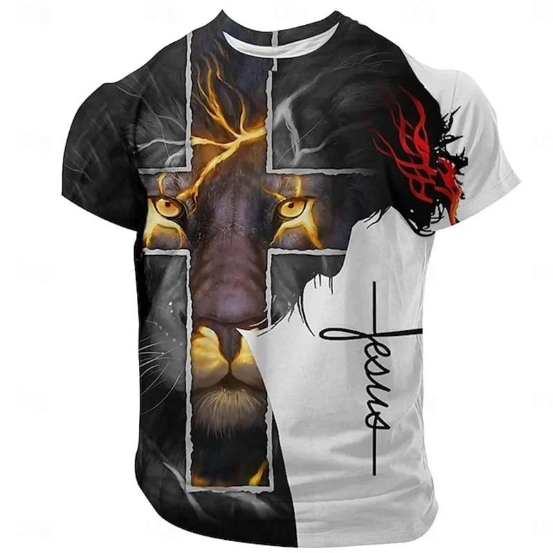 ETST WENDY 005 Heren zomer 3D kruis en leeuw print T-shirt, korte mouw, casual grafische T-shirt voor dagelijks gebruik 6XL