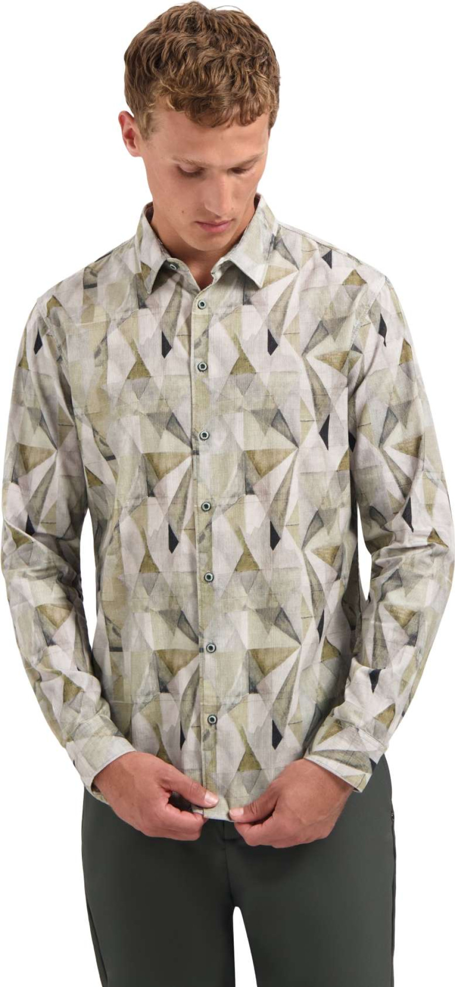 No Excess Shirt allover printed fine corduroy light moss
