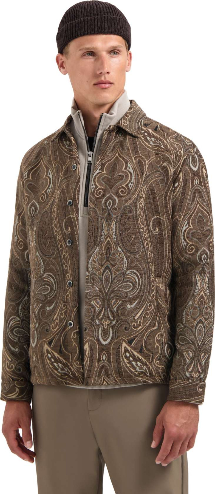 No Excess Overshirt buttons fancy jacquard brown