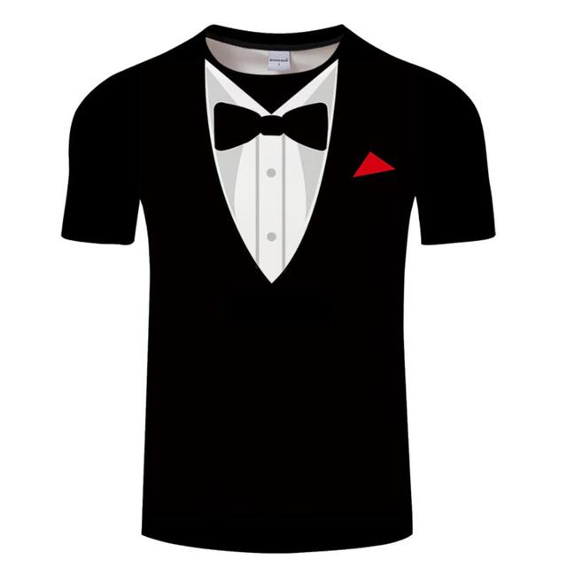 Xin nan zhuang Mannen 3D Strikje Shirt Zomer Retro Smoking Stropdas Pak 3D Gedrukt T-shirt Korte Mouw Casual Straat Grappig Nep pak S