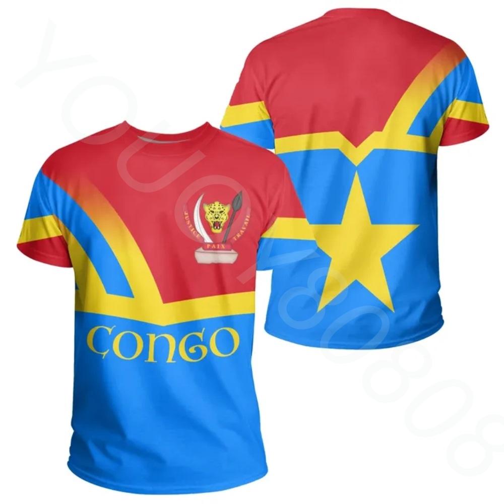 Xuhaijian02 Vlag van de Democratische Republiek Congo 3D-printen T-shirt van hoge kwaliteit Zomer Casual ronde hals Heren Dames Tops met korte mouwen M