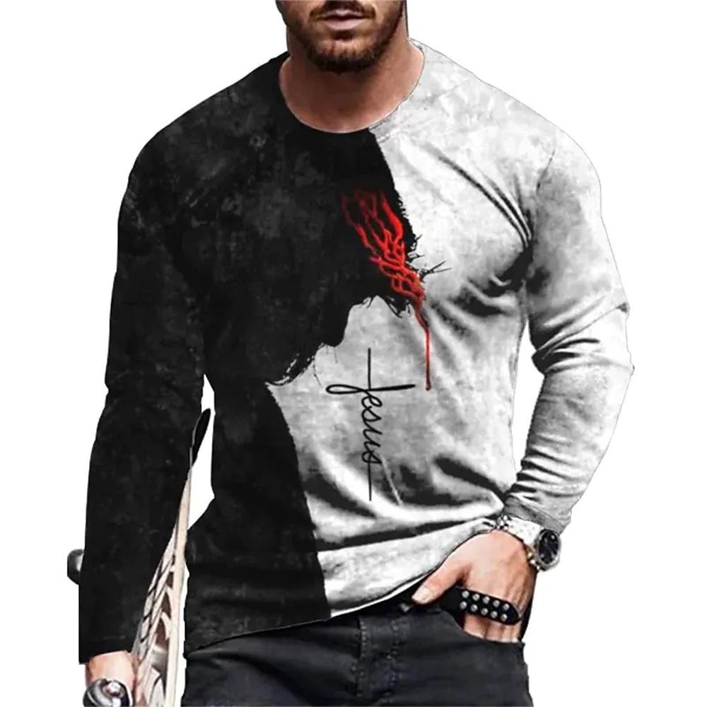 ETST WENDY 005 Vintage Bedrukt T-shirt 3d Kruisbeeld T-shirt Amerikaanse Lange Mouw Ronde Hals Katoen Leeuw Tops Oversized Heren Jezus Christus kleding XL