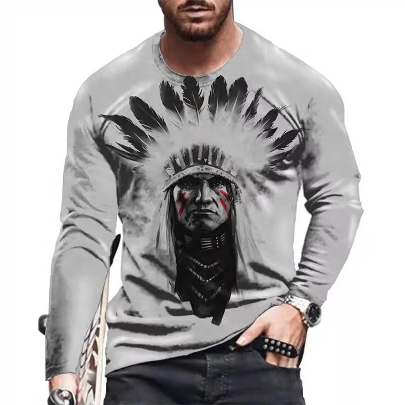 Xiaowan Vintage Indianen Stijl 3D Print Herfst Heren O-hals T-shirt Casual Lange Mouw Oversized Tee Tops Mode Pullover Herenkleding S