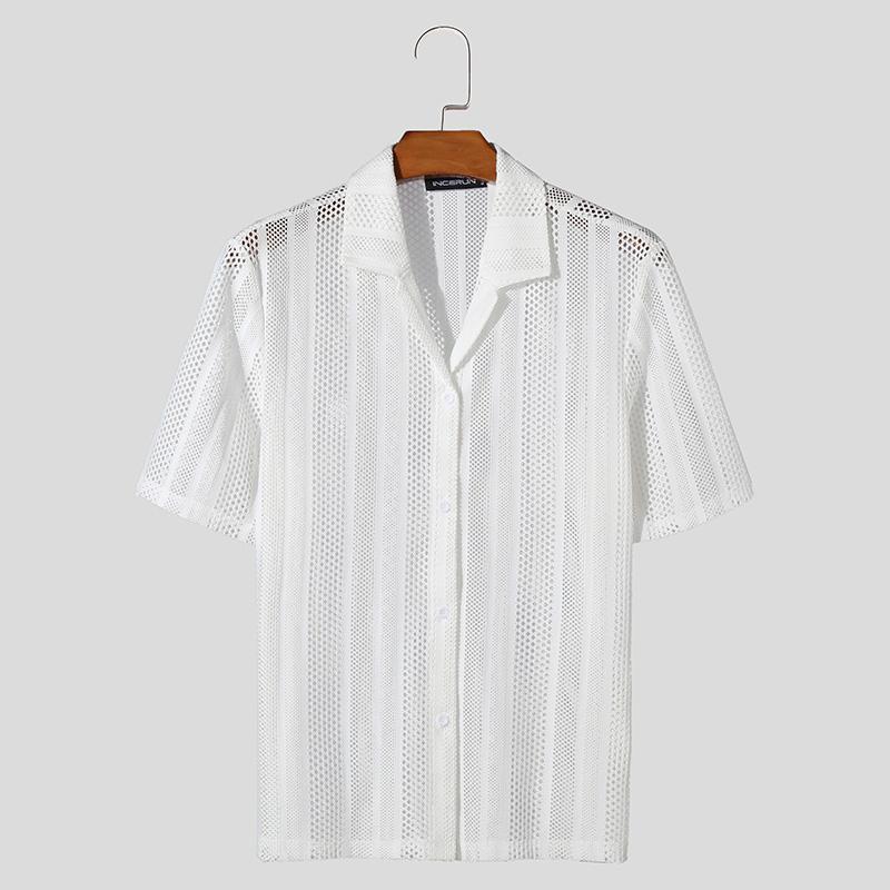 INCERUN Sumjmer Heren V-hals Knoopsluiting Visnet T-shirt Kant Haak Topjes 2XL wit