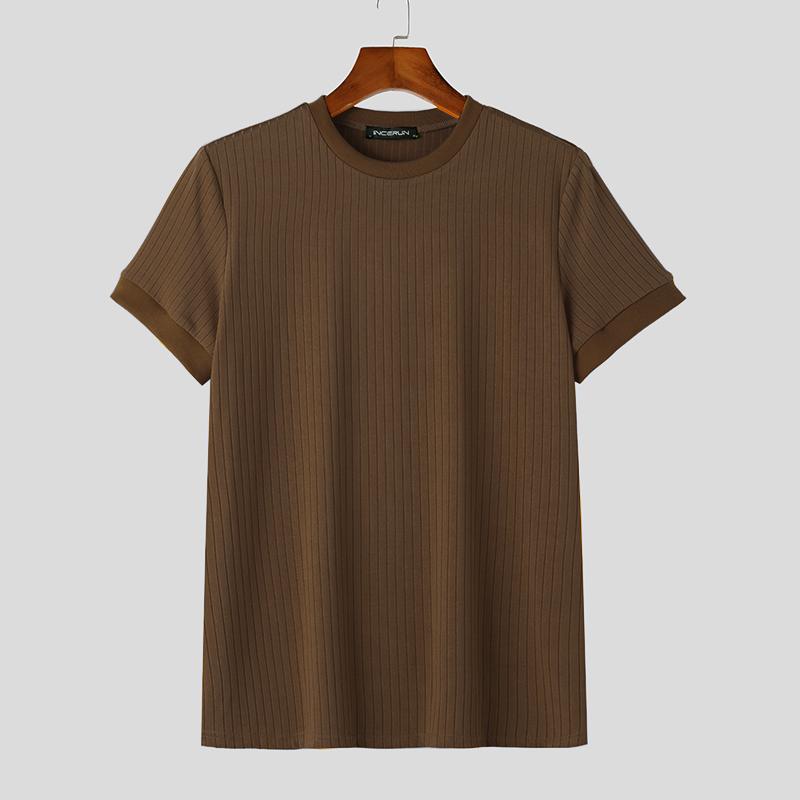 INCERUN Heren Korte Mouw Ronde Hals Shirts Krijtstreep Gebreide Vrijetijdstops XL