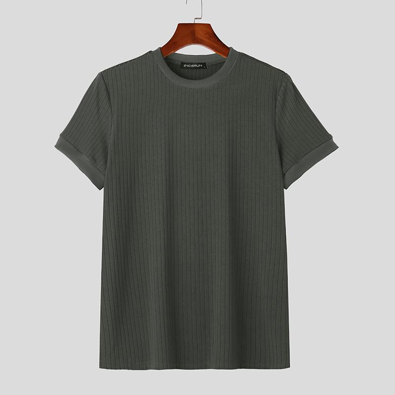 INCERUN Heren Korte Mouw Ronde Hals Shirts Krijtstreep Gebreide Vrijetijdstops 3XL grijze kleur
