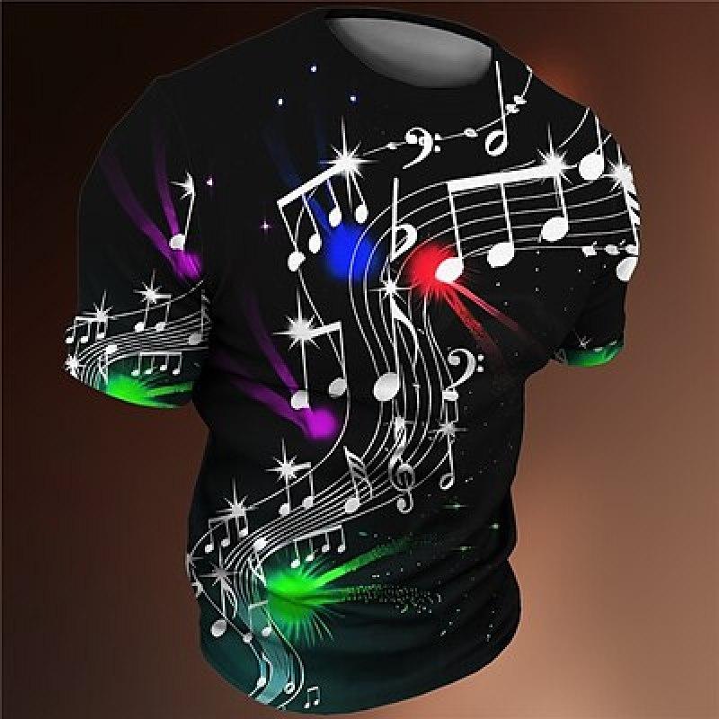 Bobby 2 Music Notes Heren 3D Shirt Zwart Zomer Heren T-shirt Grafisch Muzikale Ronde Hals Kleding 3D Print Outdoor Casual Korte Mouw Modeontwerper 4XL