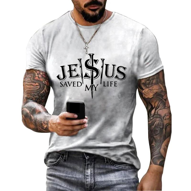 Transmission of love Retro Fashion Grijs T-shirt Jezus Letter 3D Geprint Korte Mouw Polyester Casual Herenkleding Trendy Zomer Tops T-shirts M