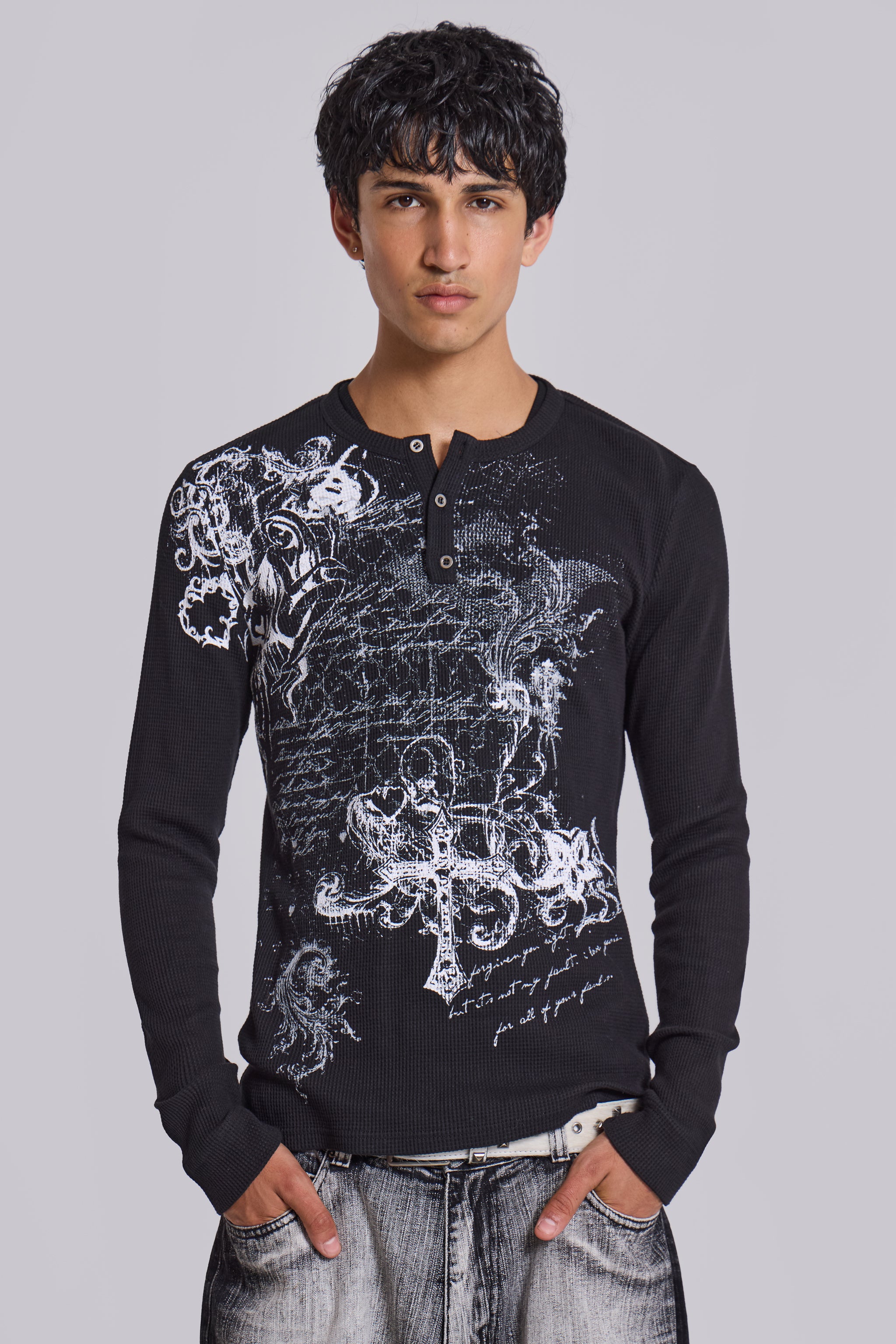 Jaded Man Anointed Black Waffle Henley Tee