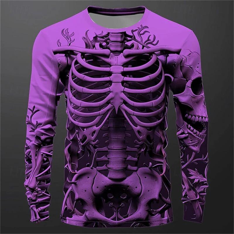 ETST 005 Grappige 3D Skull Print Heren Lange Mouw T-shirt Casual O-hals Katoenen Losse Tops Mode Menselijke Botten Patroon Kleding Herfst T-shirts L