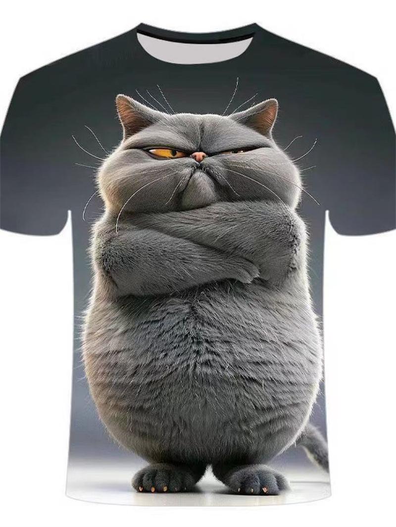 ETST 005 Grappig kattenpatroon T-shirt voor mannen Persoonlijkheidsdier 3D-geprinte T-shirts Zomer Losse tops met korte mouwen Casual ronde hals T-shirts XL