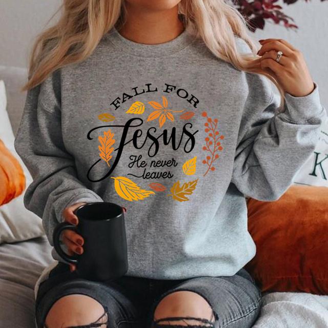 Bicheng Unisex val voor Jezus hij verlaat nooit sweathirts retro Jezus shirt esthetische christelijke tops Bijbelvers Tee herfst sweatshirt XXL grijze kleur