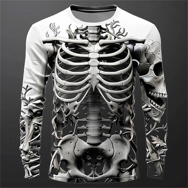 ETST 005 Grappige 3D Skull Print Heren Lange Mouw T-shirt Casual O-hals Katoenen Losse Tops Mode Menselijke Botten Patroon Kleding Herfst T-shirts M