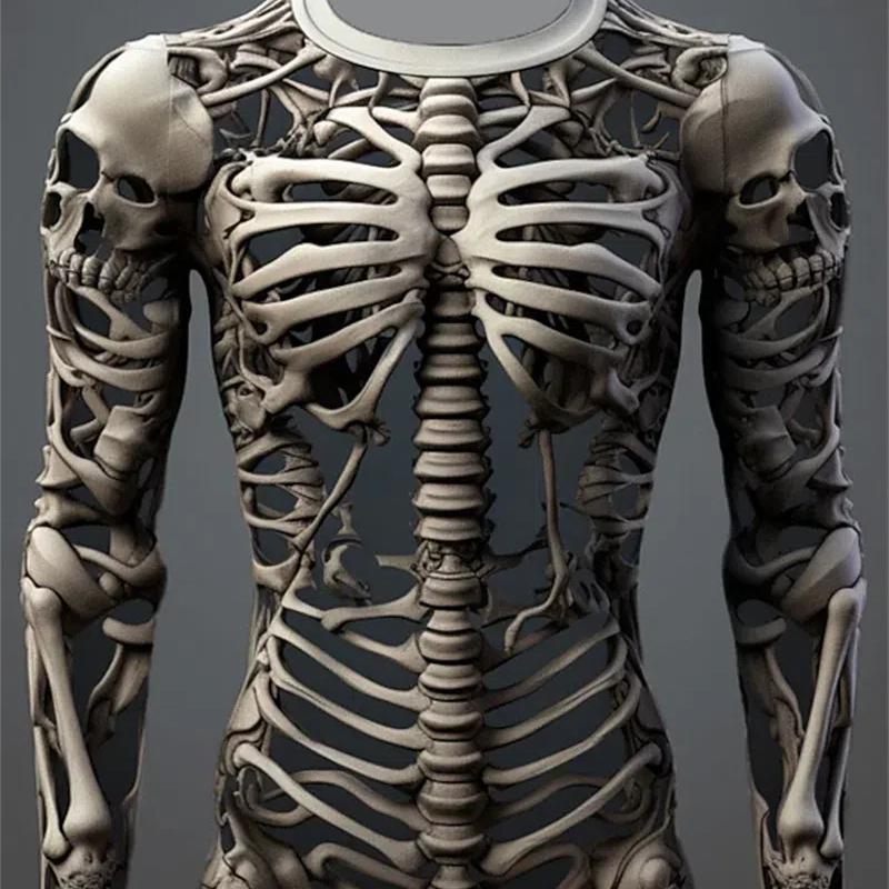 ETST 005 Grappige 3D Skull Print Heren Lange Mouw T-shirt Casual O-hals Katoenen Losse Tops Mode Menselijke Botten Patroon Kleding Herfst T-shirts M