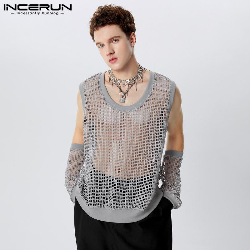 INCERUN Heren Hollow Out Mesh Tops Casual Party Oversleeve Doorschijnende T-shirts 3XL grijze kleur