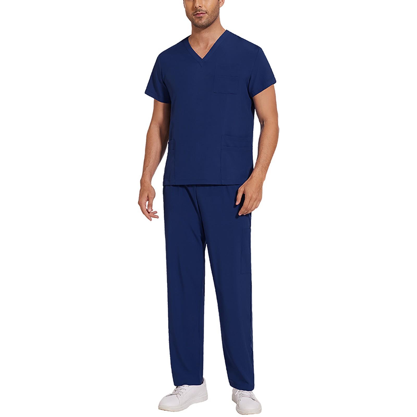 Amydeal Soild Scrub Working Uniform Suit For Men's Cross V-Neck Short Sleeve Fun T-Shirts Workwear Tee With Pockets S