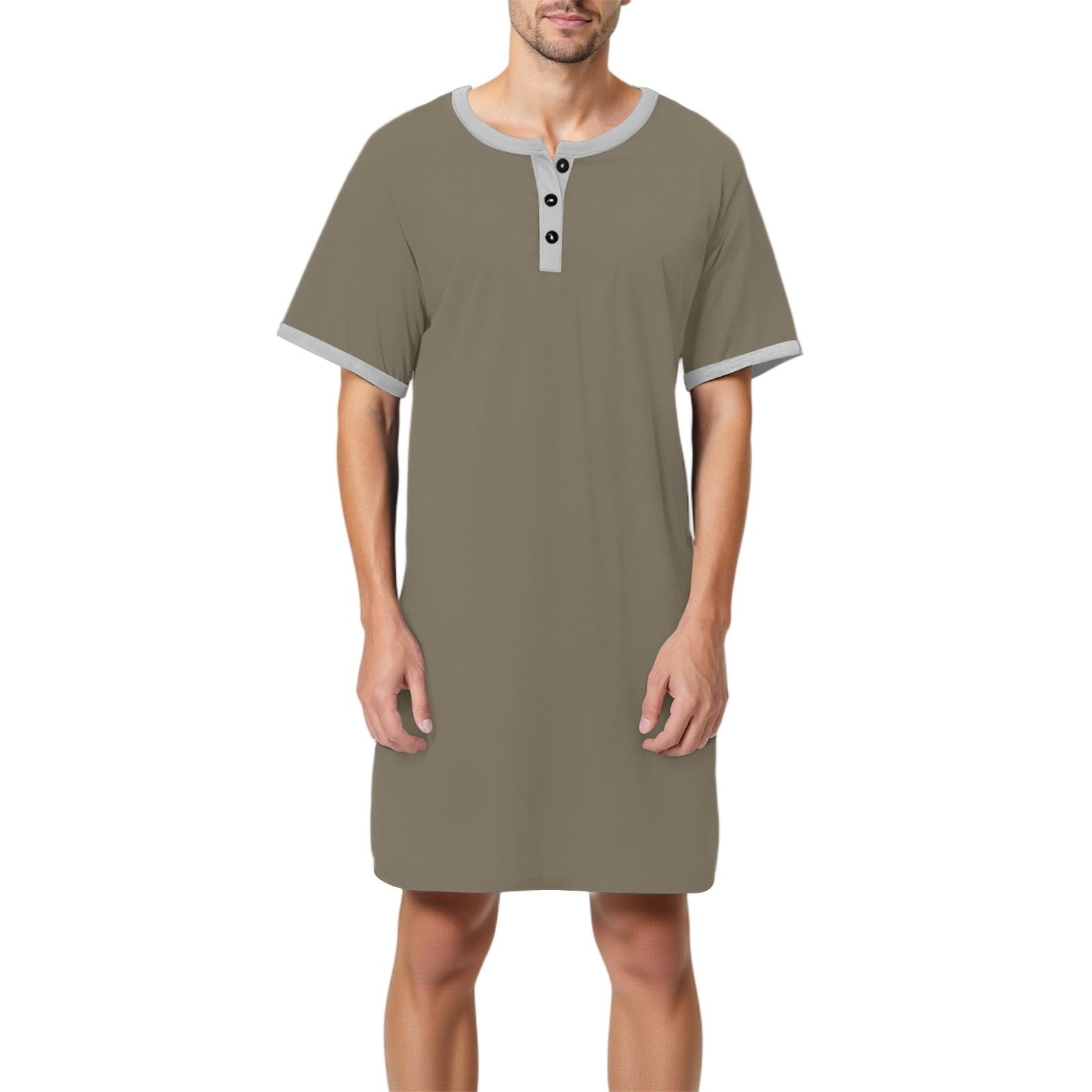Joliann Men's solid color cotton short-sleeved pajamas button-down collar long loose pajamas home clothes M groen
