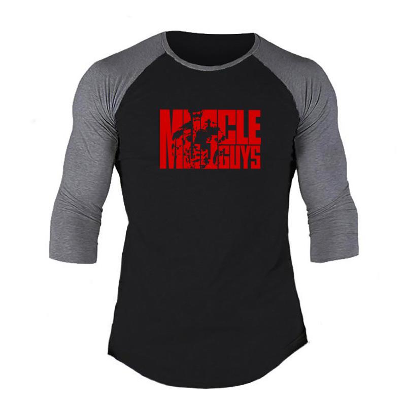 Muscleguys Heren Hot Item Causaal T-shirt met 3/4 mouwen Mannelijke print Fitness Katoenen T-shirts Bodybuilding 3/4 mouwen Sportscholen Kleding Spier Jongens Tops XXL grijze kleur/zwart