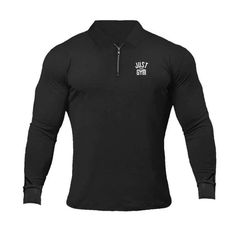 Muscleguys Just Gym Gedrukt Bodybuilding Poloshirts Heren Slim Fit Lange Mouw Fitness Herfst Casual Comfortabele T-shirts XXL zwart