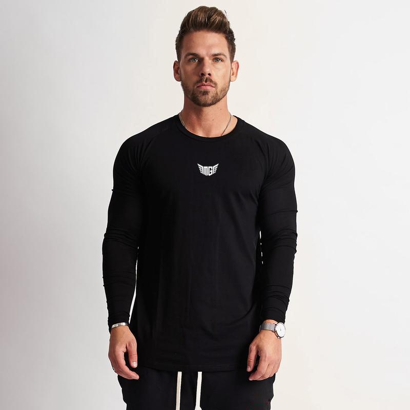 Muscleguys Merk T-Shirt Mannen Lente Katoenen T-shirt Mannen Effen Kleur Sport T-shirt O-hals Lange Mouw Tops Mannen Slim Fit tee Shirts XXL zwart